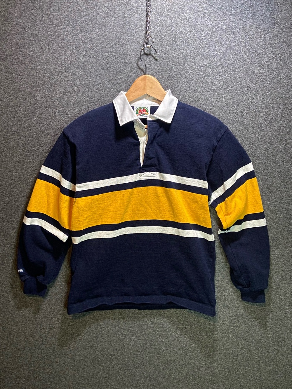 Vintage Barbarian Rugby Wear Shirt Mens Small Made in Canada Striped Navy Yellow